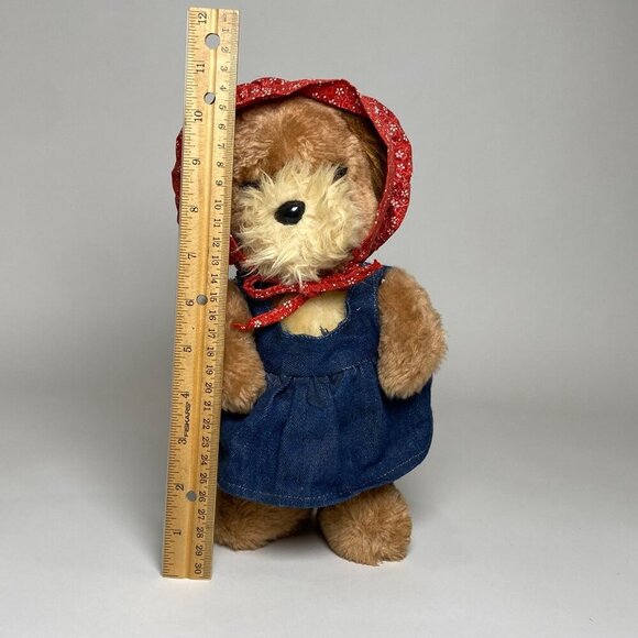 1981 Dakin Plush Puppy Dog Stuffed Animal w Red Bonnet Denim Dress Vintage - Picture 8 of 8